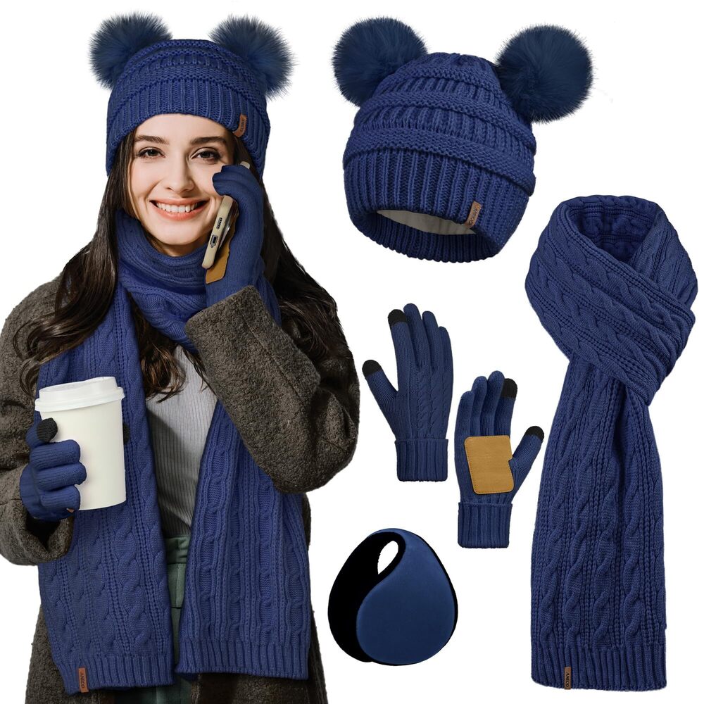4287 Winter Beanie Hat Scarf Gloves Set Warm Fleece Cap with Pompom Knit